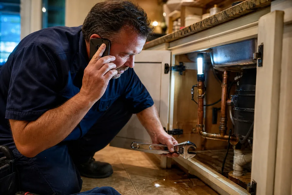 Plumber under a kitchen sink at night answering a call on his phone