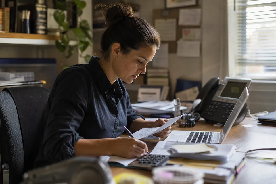 Small business owner reviewing a monthly answering service invoice at her desk
